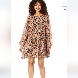 Sanctuary Shirred Neck Floral Black And Orange Babydoll Dress Size M